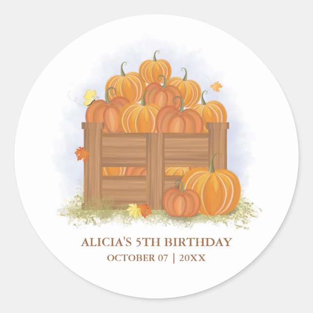 Pumpkin Patch Butterfly Fall Leaves Birthday Classic Round Sticker (Front)
