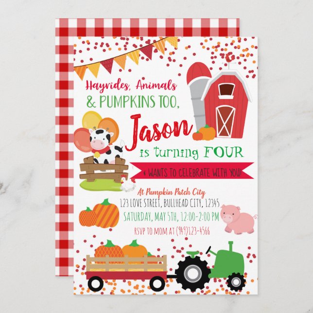 Pumpkin Patch Farmer Boys Red Gingham Birthday Invitation (Front/Back)
