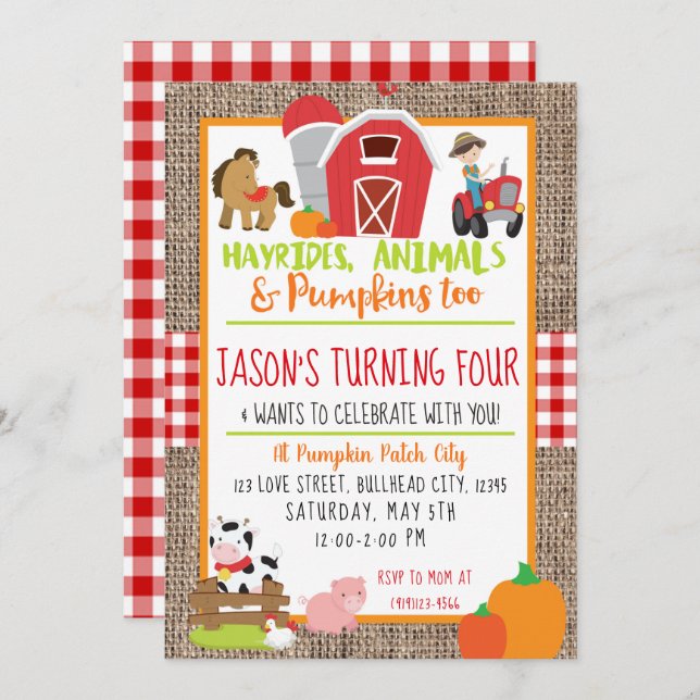 Pumpkin Patch Farmer Boys Red Gingham Birthday Invitation (Front/Back)