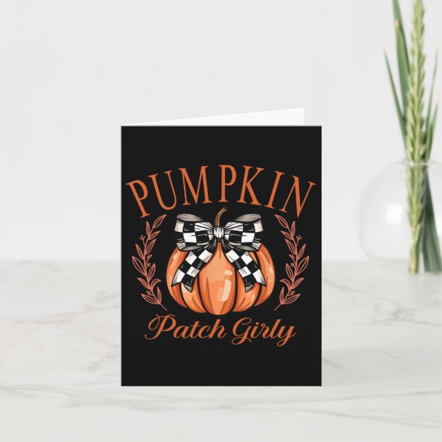 Pumpkin Patch Girly Chequered Coquette Bow Thanksg Card (Front)