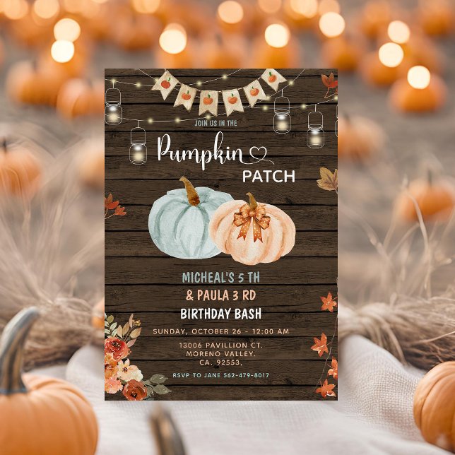  Pumpkin Patch Joint Birthday Siblings Party Invitation (Creator Uploaded)