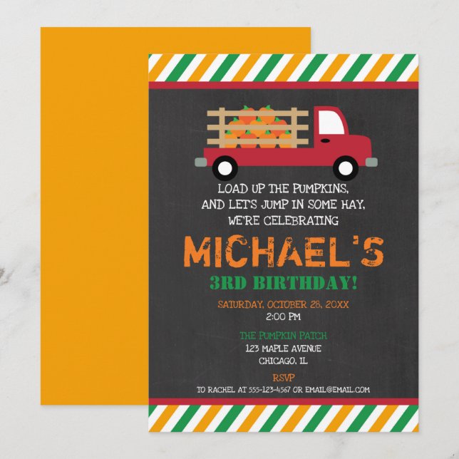 Pumpkin patch orange green boy birthday invitation (Front/Back)