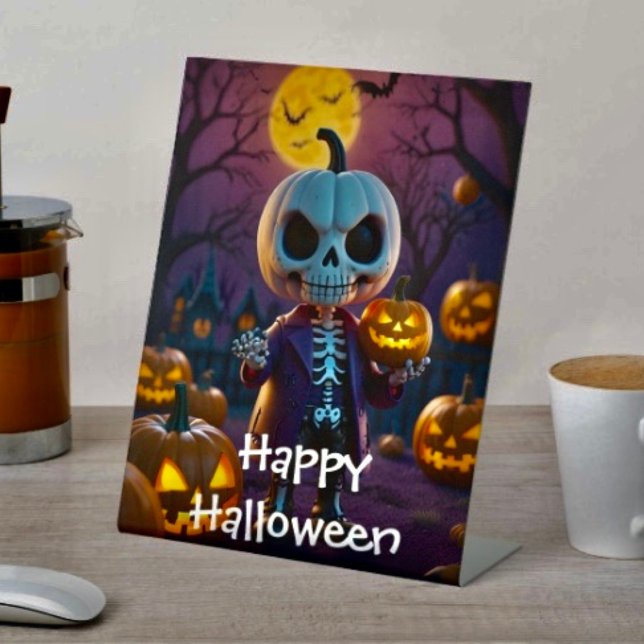 Pumpkin Patch Skeleton Companion Pedestal Sign (D: 8" x 10" display with 3" pedestal base. Available in 4 sizes.  Made of 1/16" white plastic.
 )