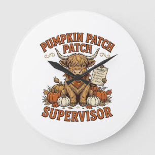 Pumpkin Patch Supervisor Highland Cow Vintage Shir Large Clock