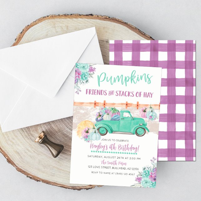 Pumpkin Patch Turquoise Vintage Truck Birthday Invitation (Creator Uploaded)