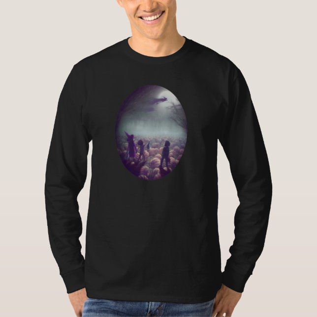 Pumpkin Patch Witches Flying Past Trick-Or-Treater T-Shirt (Front)