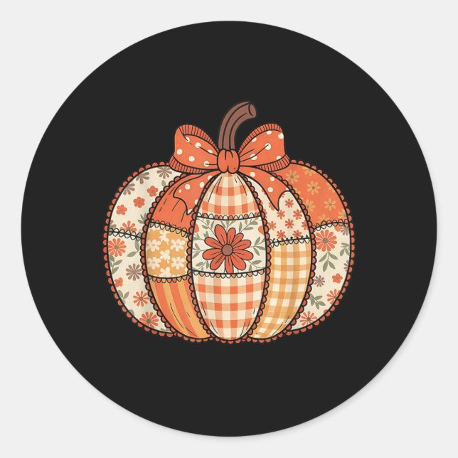 Pumpkin Patchwork Coquette Bow Thanksgiving Autumn Classic Round Sticker (Front)