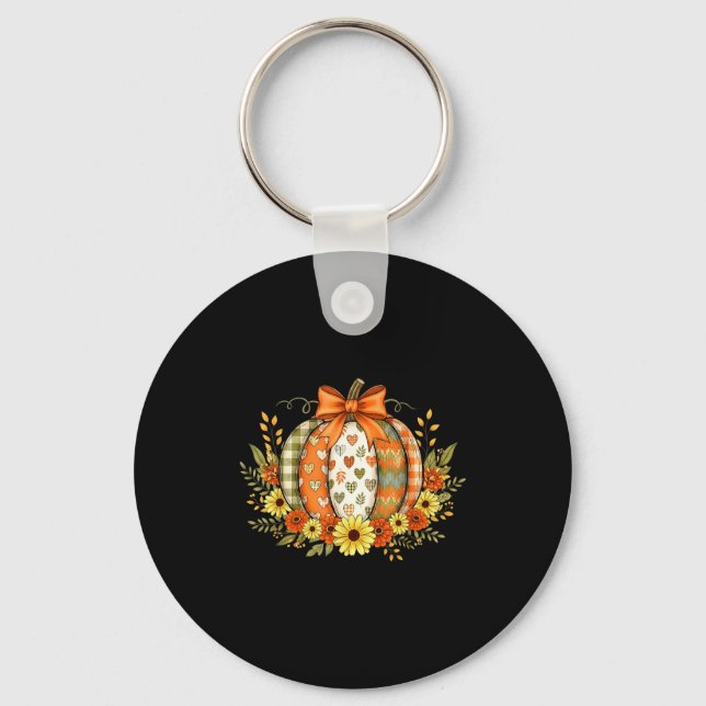Pumpkin Patchwork Flower Thanksgiving Autumn Fall  Key Ring (Front)