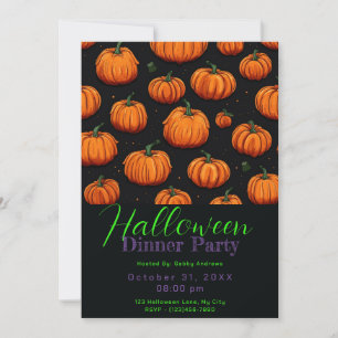 Pumpkin Pattern Black Halloween Dinner Party Invitation