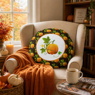 Pumpkin Pattern on Dark Brown Fall Season Round Cushion