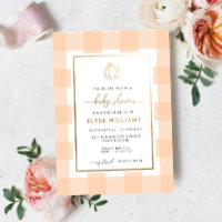 Pumpkin Peach Gingham Baby Shower Foil Invitation