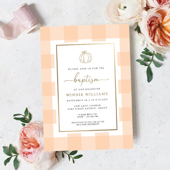 Pumpkin Peach Gingham Baptism Gold Foil Invitation (Creator Uploaded)