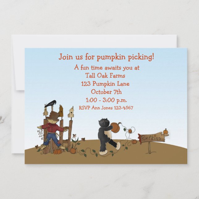 Pumpkin Picking Cat Invitation (Front)