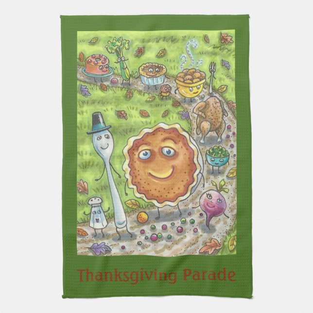 PUMPKIN PIE PARADE, FUN THANKSGIVING KITCHEN TOWEL (Vertical)