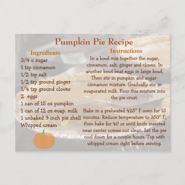 Pumpkin Pie Recipe Card (Front)