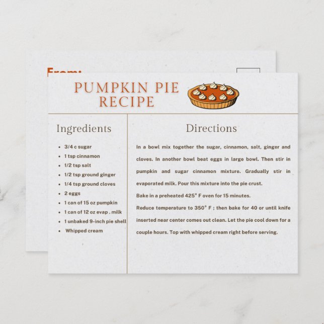 Pumpkin Pie Recipe Card Thanksgiving and Christmas (Front/Back)
