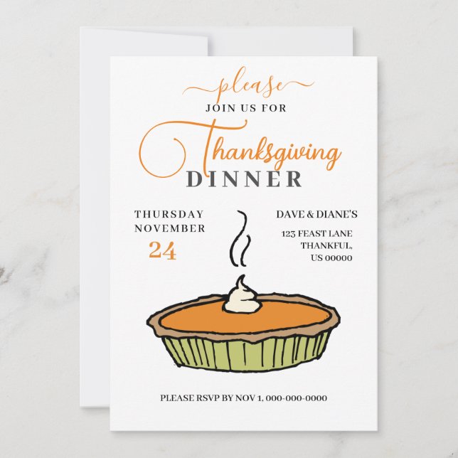 Pumpkin Pie, Thanksgiving Dinner  Invitation (Front)