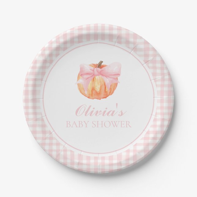Pumpkin Pink bow and gingham baby shower Paper Plate (Front)