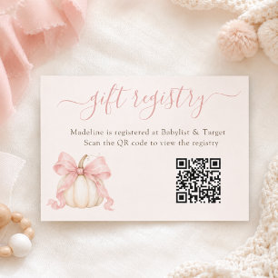 Pumpkin Pink Bow Baby Girl Shower QR Gift Registry Enclosure Card