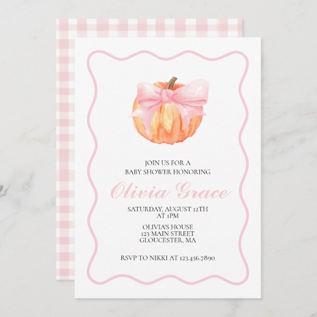 Pumpkin Pink bow Plaid baby shower Invitation (Front/Back)