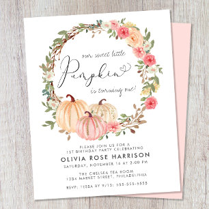 Pumpkin Pink Floral 1st Birthday Party Invitation