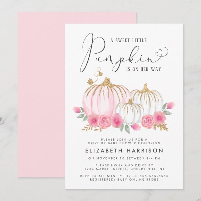 Pumpkin Pink Floral Baby Girl Drive By Shower Invitation (Front/Back)