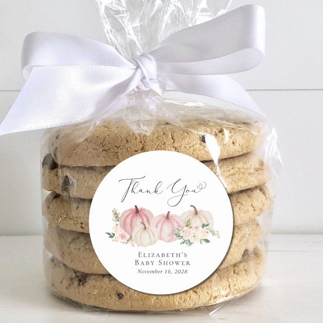 Pumpkin Pink Floral Baby Girl Shower Thank You Classic Round Sticker (Creator Uploaded)