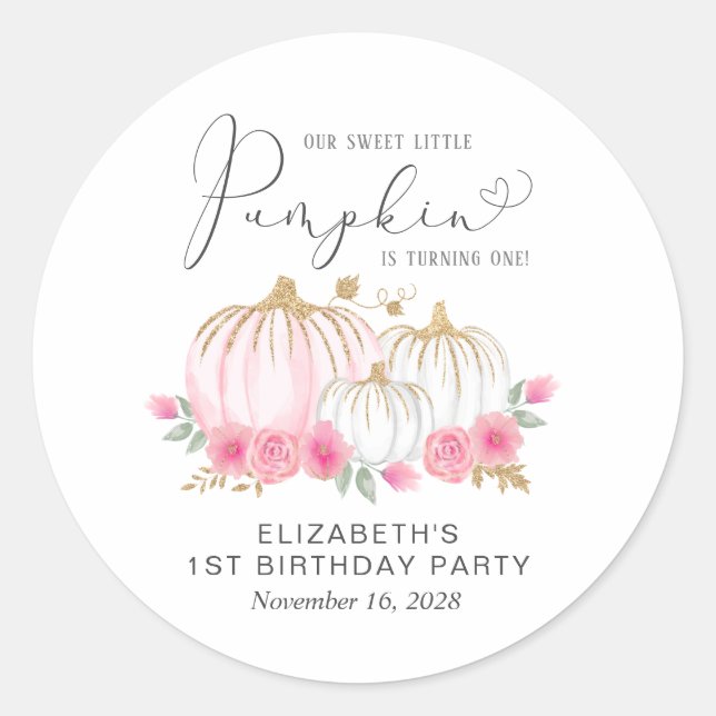 Pumpkin Pink Floral Girl 1st Birthday Party Classic Round Sticker (Front)