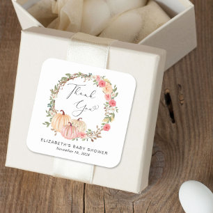 Pumpkin Pink Floral Girl Baby Shower Thank You Square Sticker