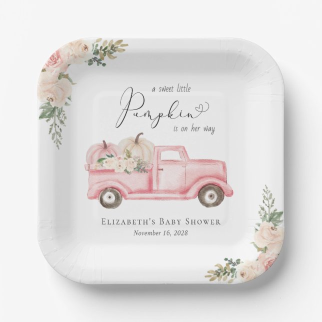 Pumpkin Pink Floral Truck Baby Girl Shower Paper Plate (Front)