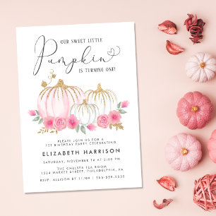 Pumpkin Pink Floral Watercolor 1st Birthday Party Invitation