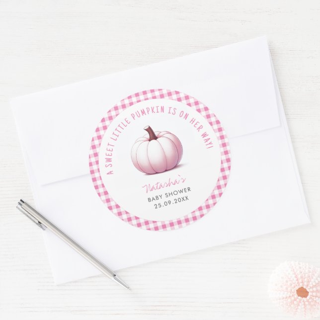 Pumpkin Pink Gingham Plaid Baby Girl Baby Shower Classic Round Sticker (Envelope)