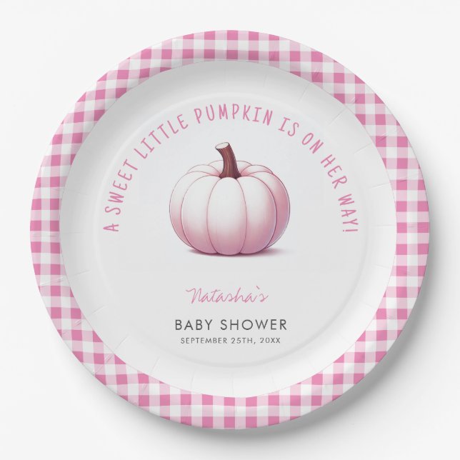 Pumpkin Pink Gingham Plaid Baby Girl Baby Shower Paper Plate (Front)