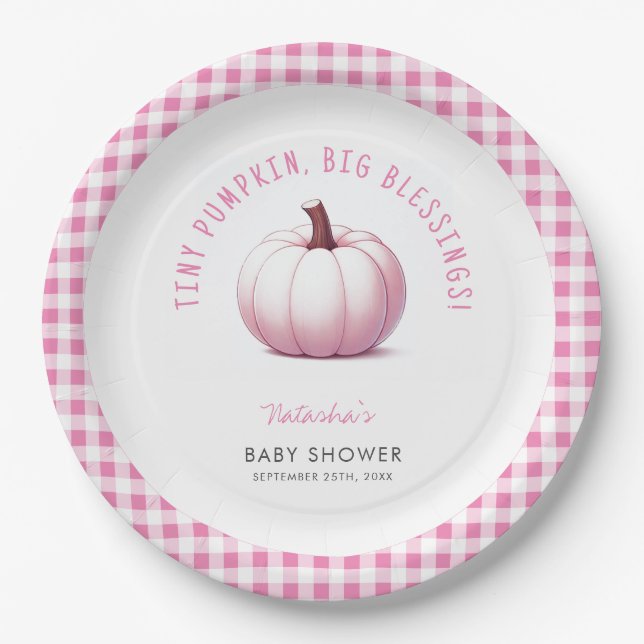 Pumpkin Pink Gingham Plaid Baby Girl Baby Shower Paper Plate (Front)