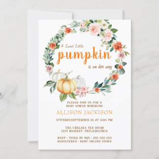 Pumpkin Pink Girl Baby Shower Floral Watercolor Invitation
