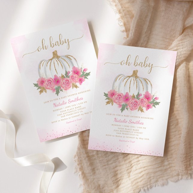 Pumpkin pink gold floral fall girl baby shower invitation (Creator Uploaded)