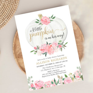 Pumpkin pink gold floral fall girl baby shower invitation