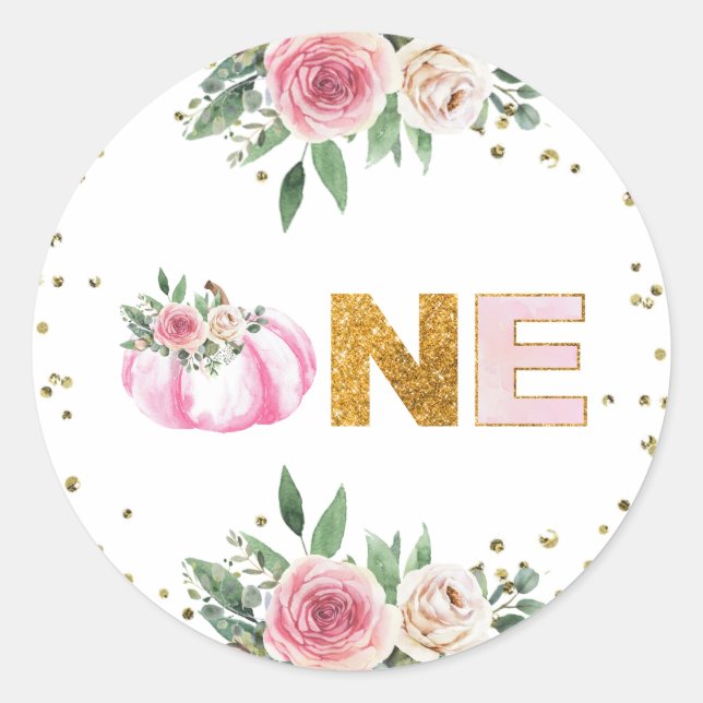 Pumpkin Pink Gold Floral Fall Girl First Birthday Classic Round Sticker (Front)