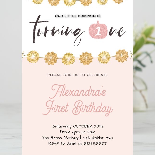 Pumpkin Pink Gold Floral Halloween 1st birthday Invitation (Halloween-1st-birthday-Invitation-Pumpkin-Pink-Gold-Floral-1)