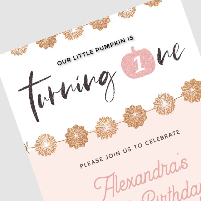 Pumpkin Pink Gold Floral Halloween 1st birthday Invitation (Halloween-1st-birthday-Invitation-Pumpkin-Pink-gold-Floral-1)