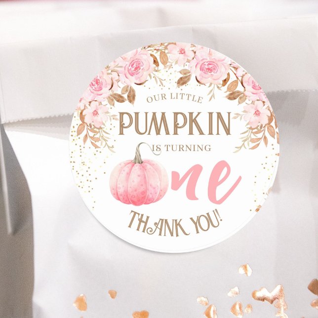 Pumpkin Pink & Gold Girl Floral Fall 1st Birthday Classic Round Sticker (Creator Uploaded)