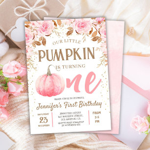 Pumpkin Pink & Gold Girl Floral Fall 1st Birthday Invitation
