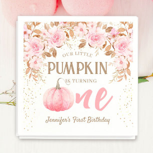 Pumpkin Pink & Gold Girl Floral Fall 1st Birthday Napkin