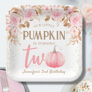 Pumpkin Pink & Gold Girl Floral Fall 2nd Birthday Paper Plate