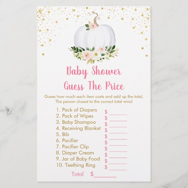 Pumpkin Pink Gold Guess The Price Baby Shower Game (Front)