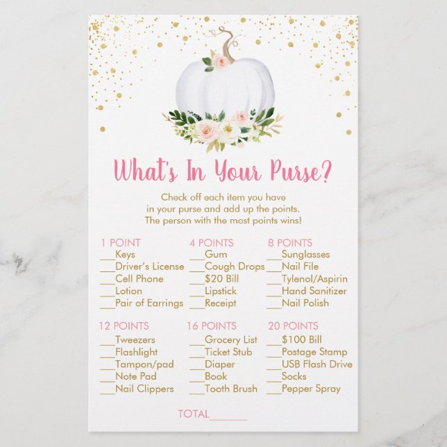 Pumpkin Pink Gold What's In Your Purse Game (Front)
