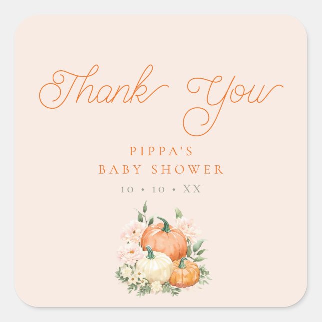 Pumpkin Pink & Orange Baby Shower Thank You Square Sticker (Front)