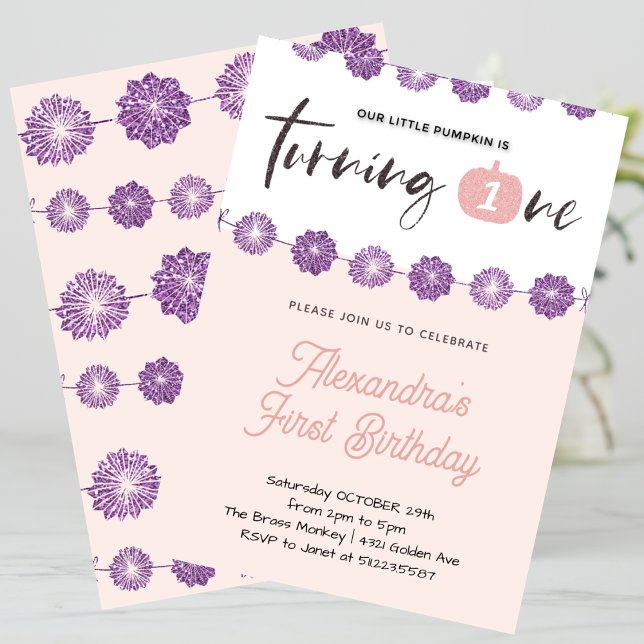 Pumpkin Pink Purple Floral Halloween 1st birthday Invitation (Halloween-1st-birthday-Invitation-Pumpkin-Pink-purple-Floral-1)