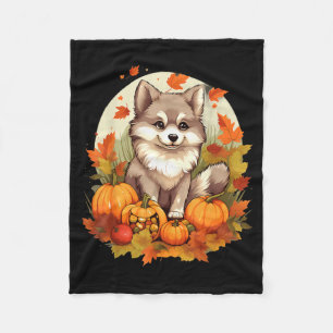 Pumpkin Pomsky Dog Halloween Thanksgiving Fleece Blanket