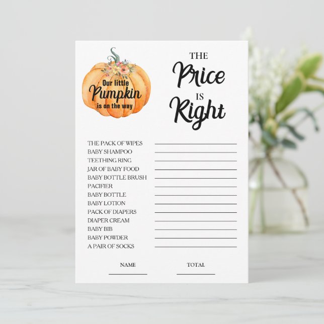 Pumpkin Price is Right Baby Shower Game Card  (Standing Front)